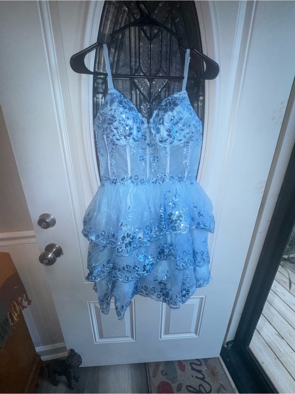 Sevintage Sky Blue Sequin Lace Corset Homecoming Prom Dress Size 2